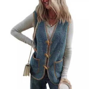 Women's Casual Contrast Color Sleeveless Cardigan Outerwear Plush Vest