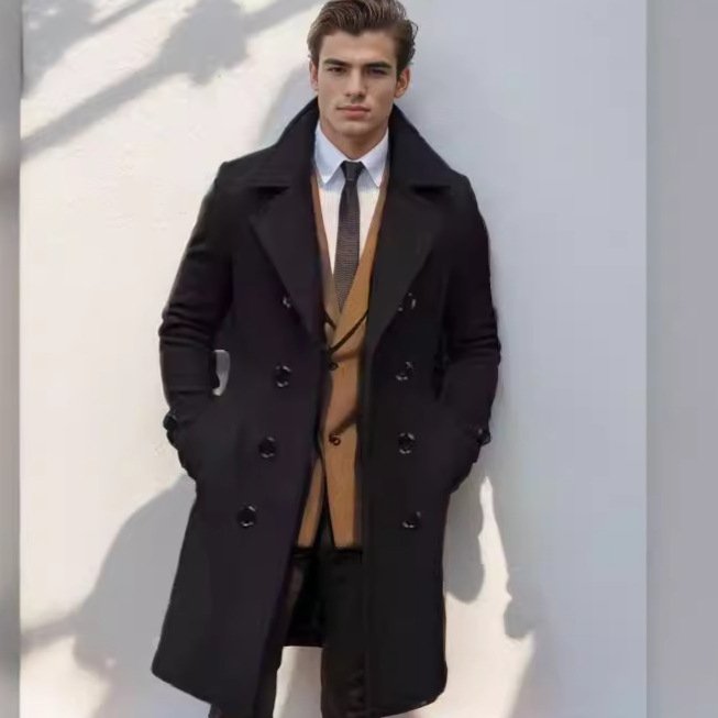Mid-length Double-breasted Men's Slim-fit Woolen Coat - Image 7