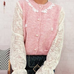 Commuter Lace Sleeves Stitching Bow Knitted Button Sweater Cardigan