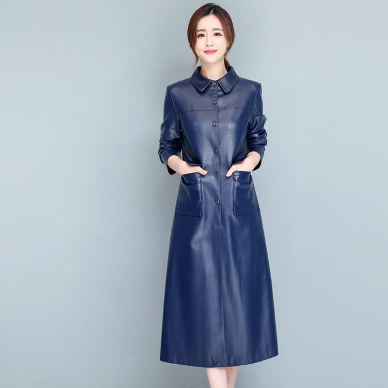 Ladies Fashion Thin Leather Trench Coat Coat - Image 4