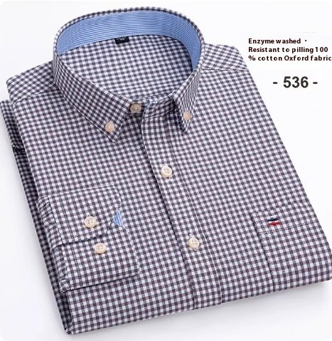 Men's Pure Cotton Oxford Plaid Long-sleeved Shirt - Image 3