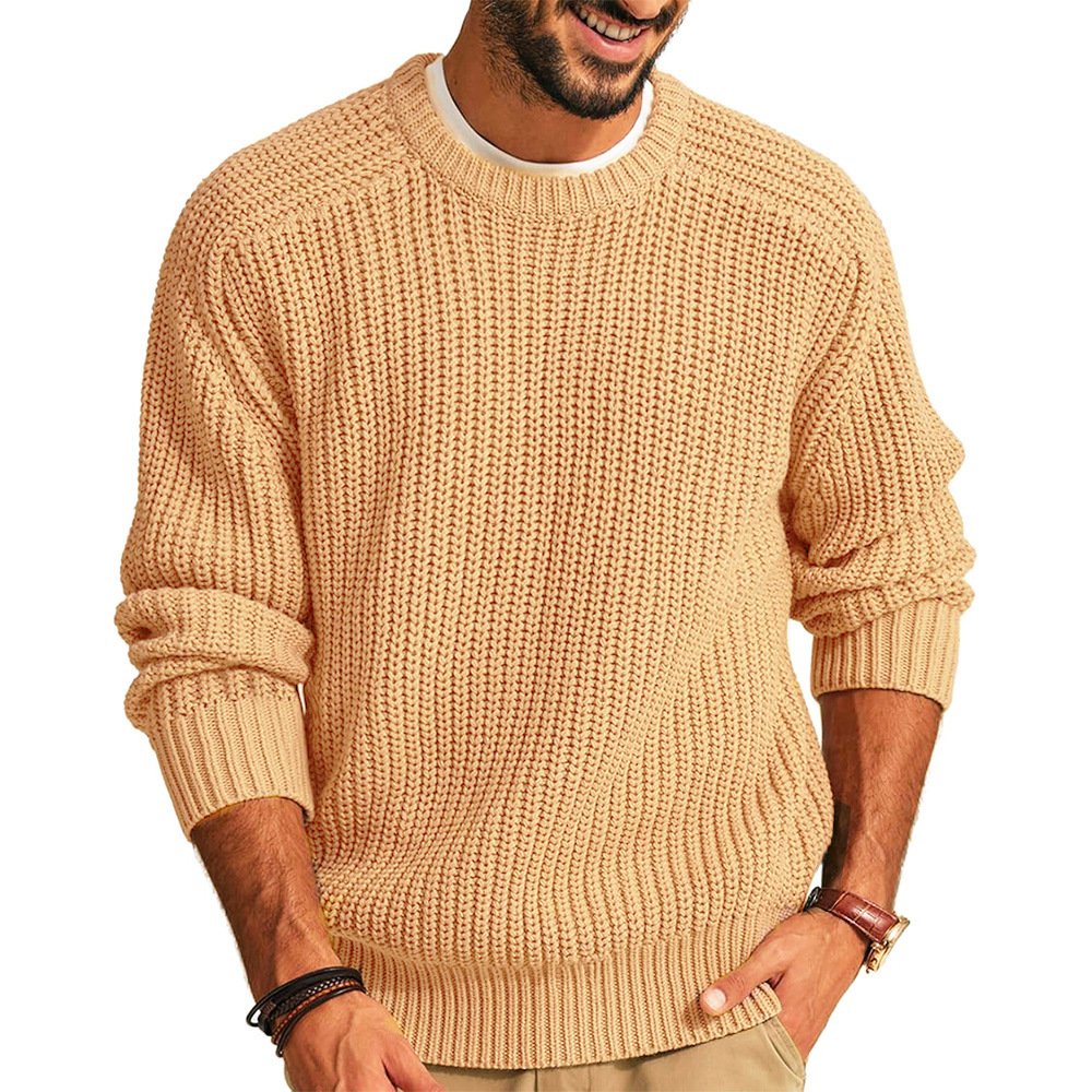 Men's Solid Color Long Sleeve Round Neck Fashion Sweater Loose Retro Sweater - Image 7
