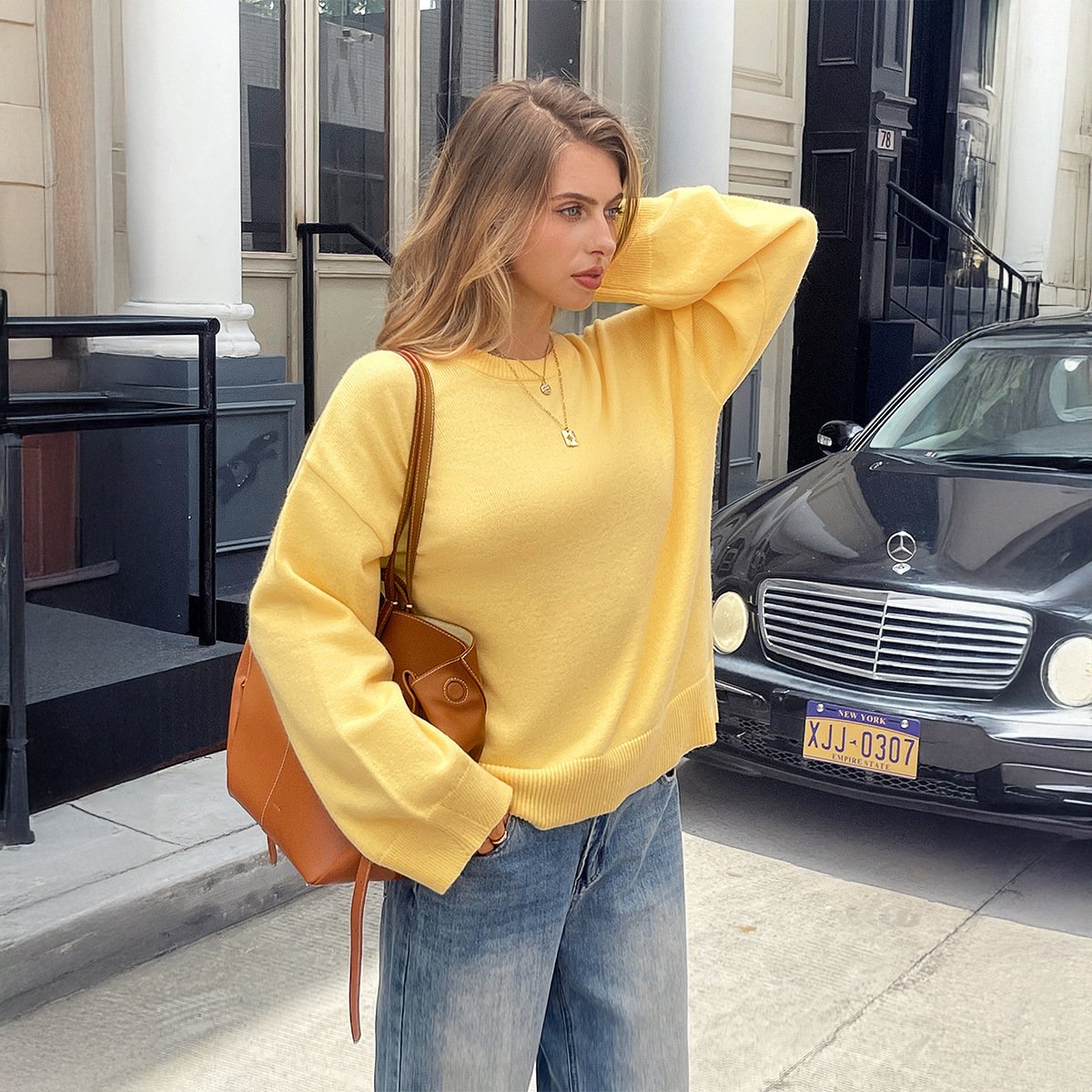 Solid Color Long Sleeve Sweaters Women's Clothing - Image 3