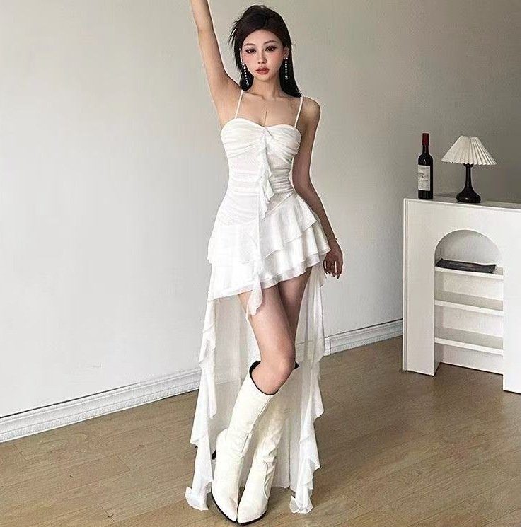 Summer French Super Fairy Pure Desire Ruffled Spaghetti Straps Dress For Women - Image 2