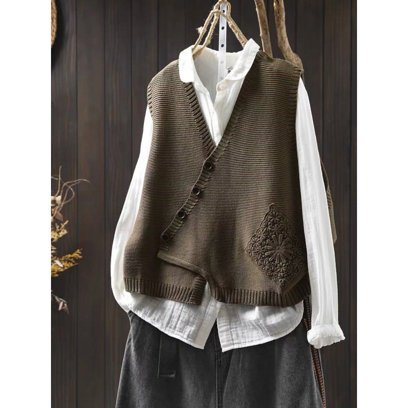 Women's V-neck Cotton Knitted Vest Cardigan - Image 5