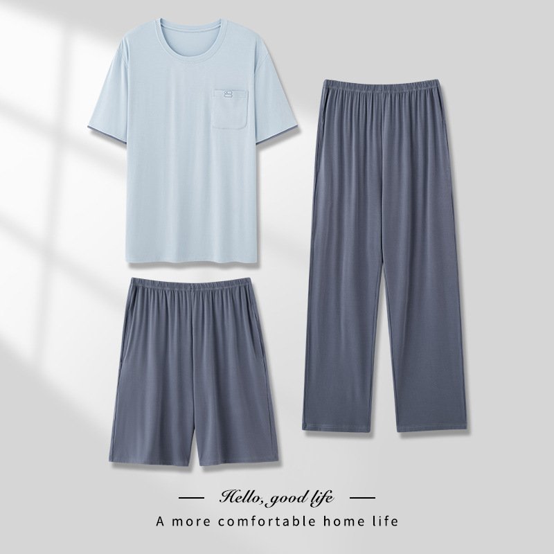 Men's Pajamas Thin Spring And Summer Modal Short-sleeved Trousers Three-piece Home Wear Suit - Image 7