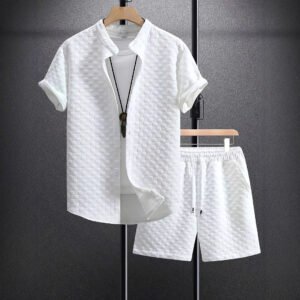 Men's Jacquard Casual Short Sleeve Shirt Outfit