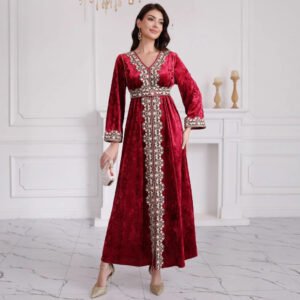 Women's Slim V-neck Long Sleeve Embroidery Pleuche Dress