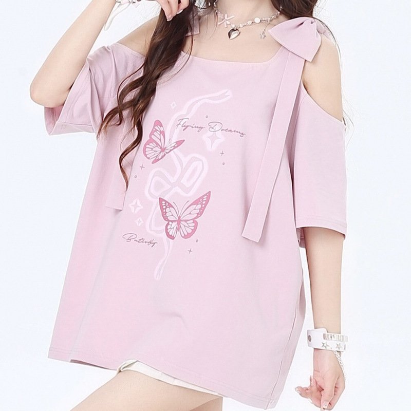Women's Off-the-shoulder Bow Printed Short Sleeve - Image 6