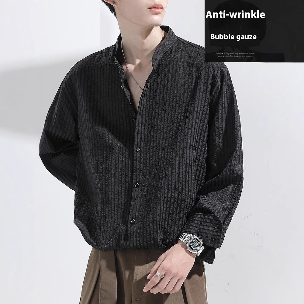 Anti-Wrinkle Seersucker Men's Black Texture Long Sleeve Casual Shirt - Image 5