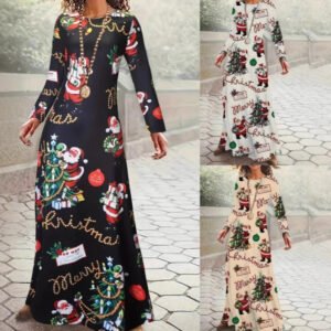 Santa Claus Printed Round Neck Long Sleeve Elegant Dress