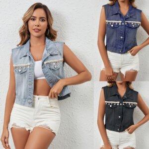 Fashion Casual Tassel Single Breasted Denim Short Vest