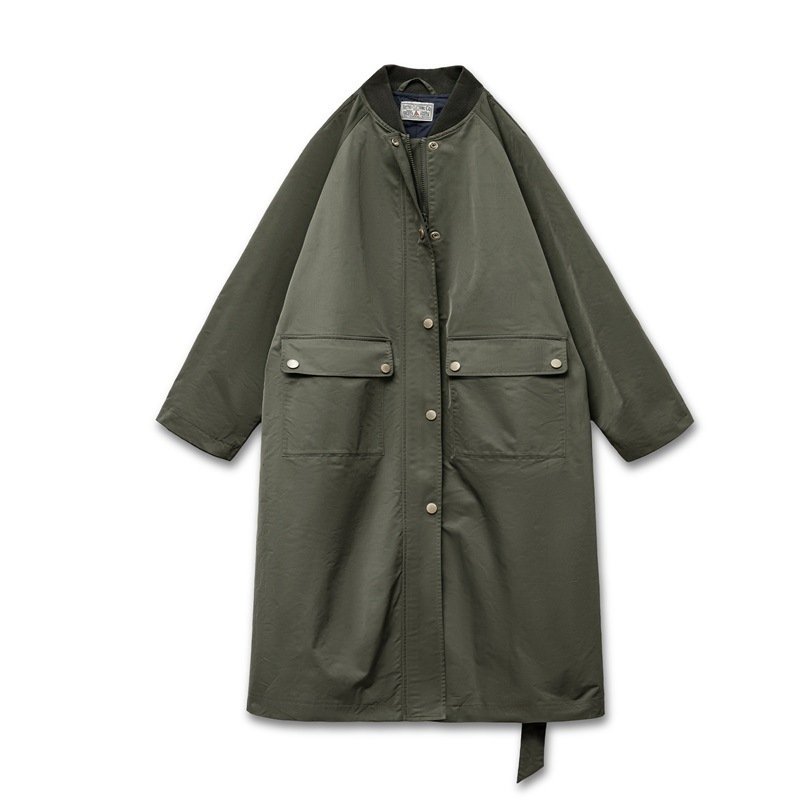 Retro Olive Green Loose Flip Pocket Trench Coat - Image 5