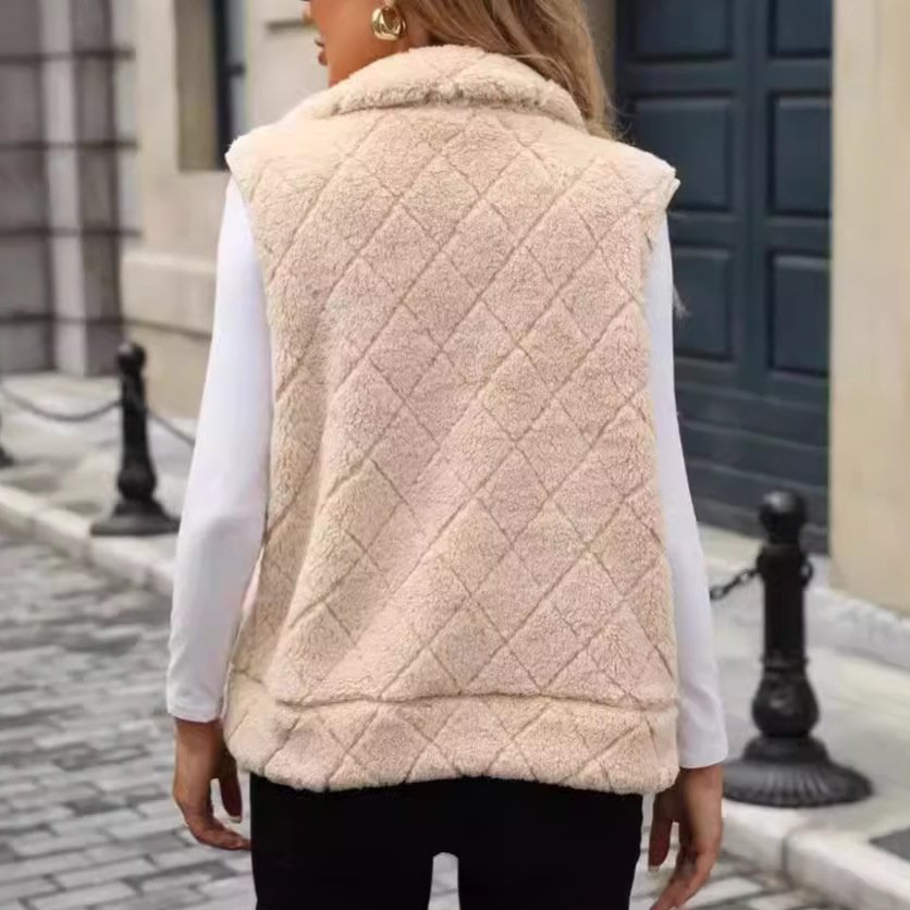 Women's Clothing Cardigan Zipper Loose Diamond Lattice Coat Plush Vest - Image 2
