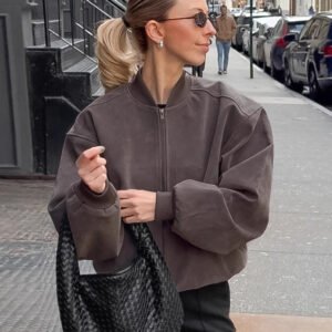 Suede American High Street Stand Collar Long Sleeve Bomber Zip Jacket