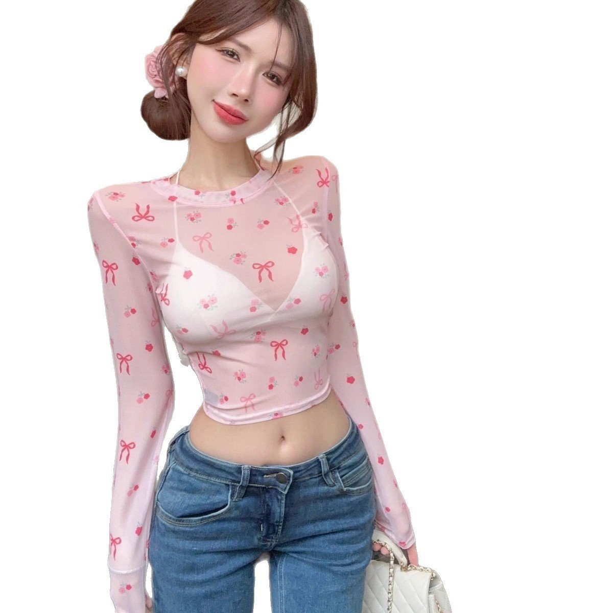 Sweet Cool Girl Dopamine Print Long Sleeve Mesh Top - Image 5