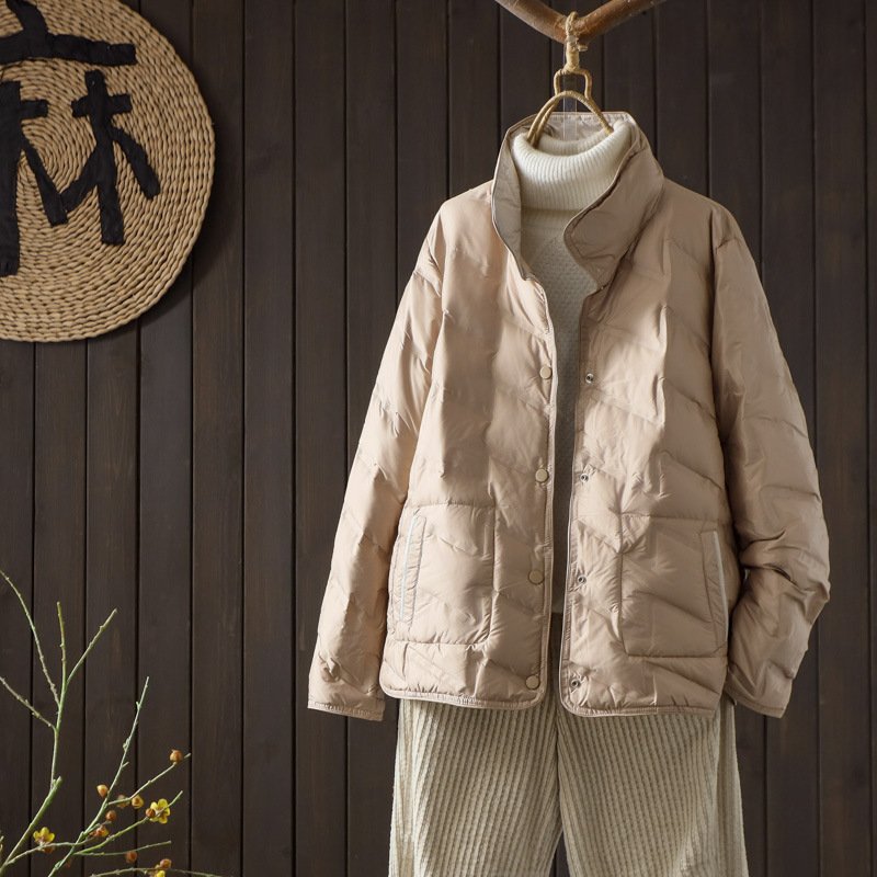 Double-sided Wear Down Jacket Women's Short Light & Fashionable Solid Color Loose White Duck Down Warm Coat - Image 9