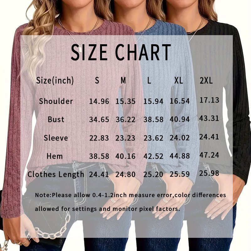 Women's 3 Pack Ribbed Knit Long Sleeve T-Shirt, Slim Fit Crewneck Top, Casual Basic Tee - Image 5