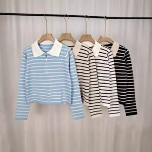 Spring Knitted Loose Contrast Color Striped Collar Long-sleeved Sweater For Women