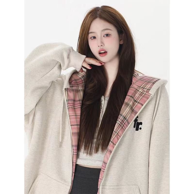 Patchwork Lining Checked Cloth Hooded Sweater Women's Long-sleeved Coat - Image 4