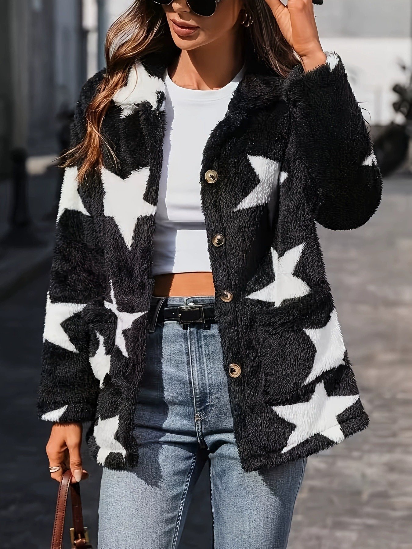 Women's Printed Double-sided Plush Casual Button Plush Coat - Image 4