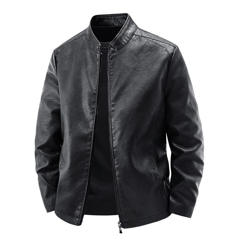 Men's Motorcycle Leather Coat Spring And Autumn Solid Color Stand Collar - Image 2