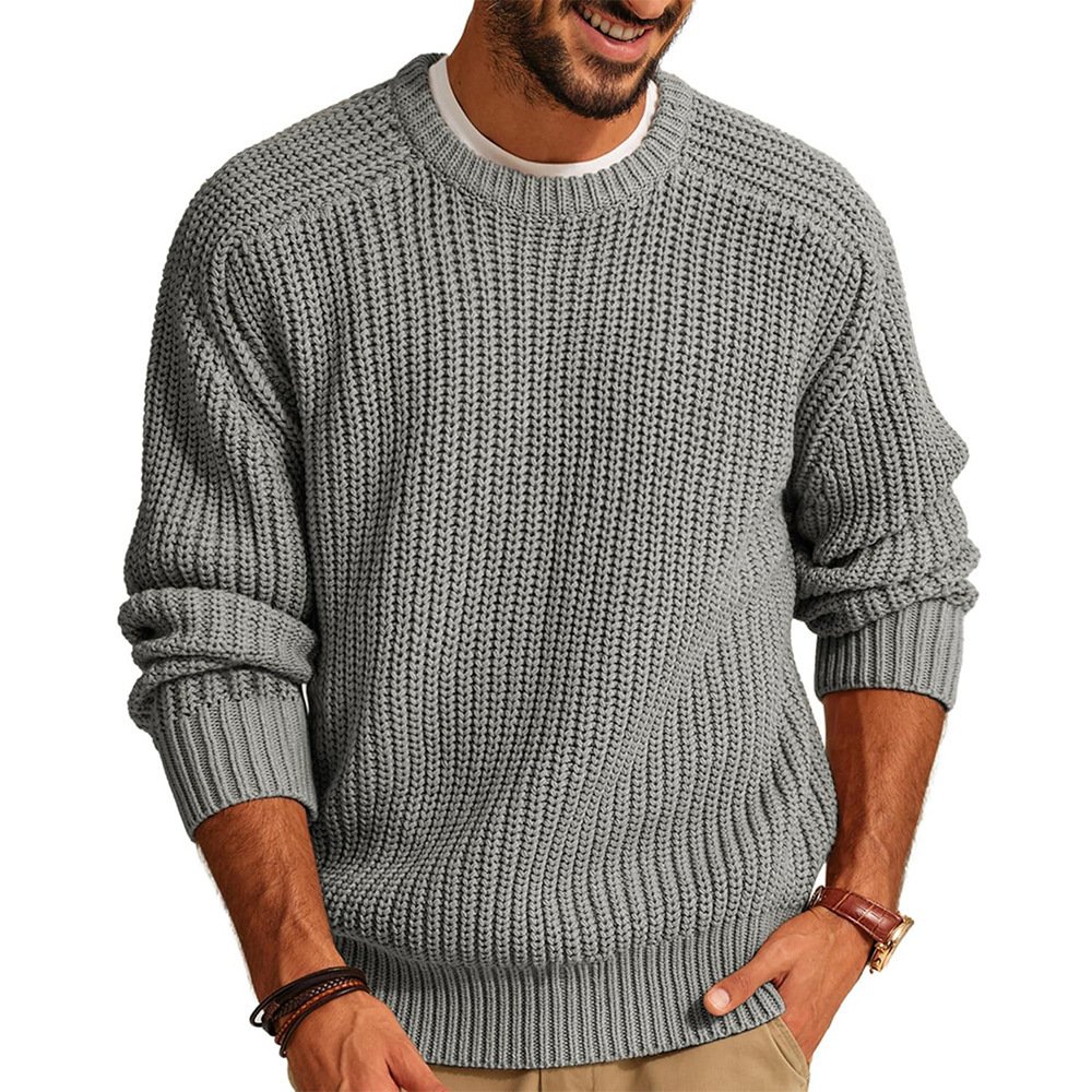 Men's Solid Color Long Sleeve Round Neck Fashion Sweater Loose Retro Sweater - Image 4