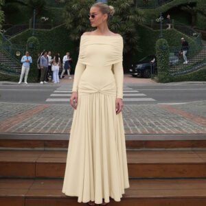 Off-neck Cinched Pleated Long Sleeve Dress