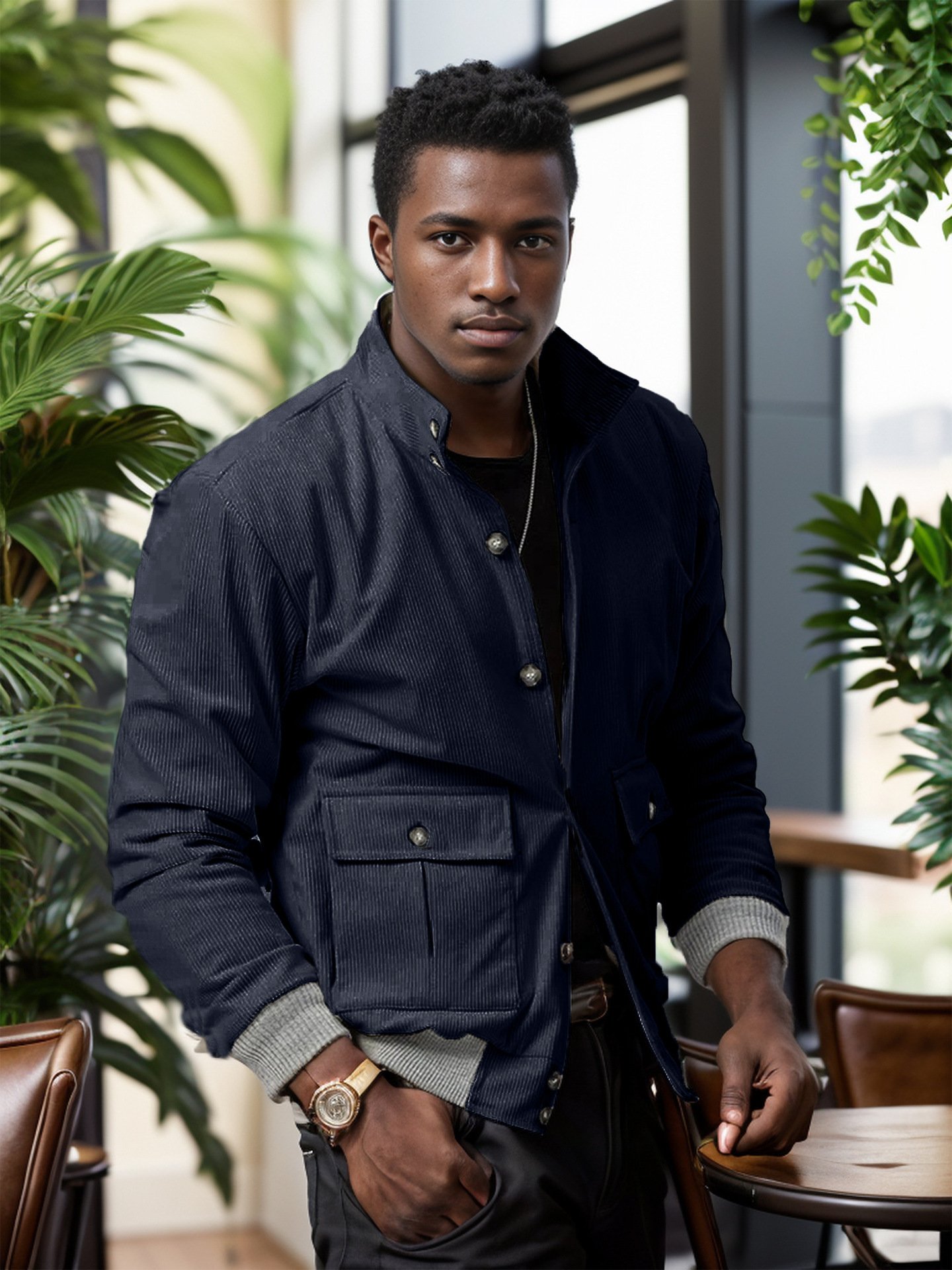 Men's Rib Color Matching Long Sleeve Fashionable Jacket - Image 7