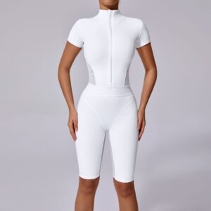 Tight Waist Open Collar Zipper Short Sleeve Yoga Jumpsuit Women