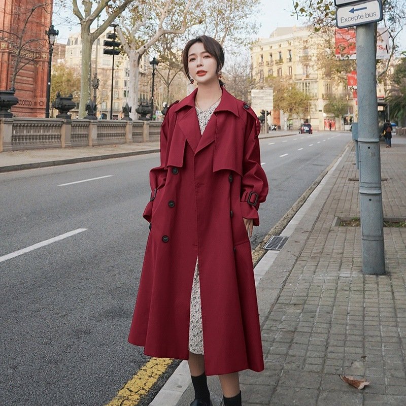 Real Shot Wine Red British Style Trench Coat Coat - Image 6