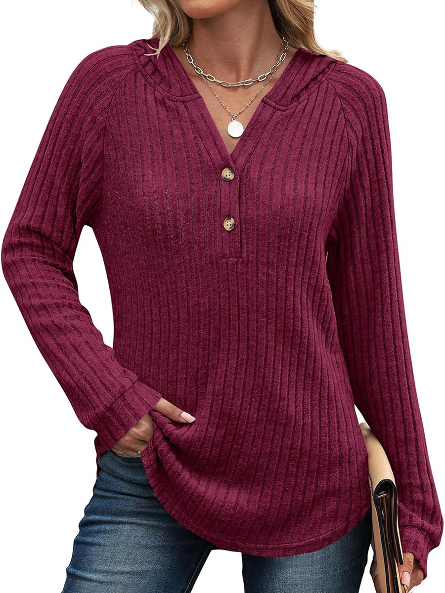 Solid Color And V-neck Button Loose Hooded Fleece Knitted Top - Image 8