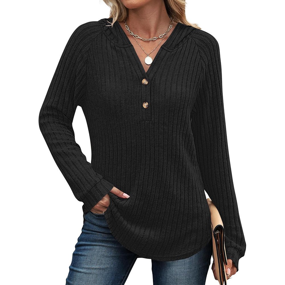 Solid Color And V-neck Button Loose Hooded Fleece Knitted Top - Image 4