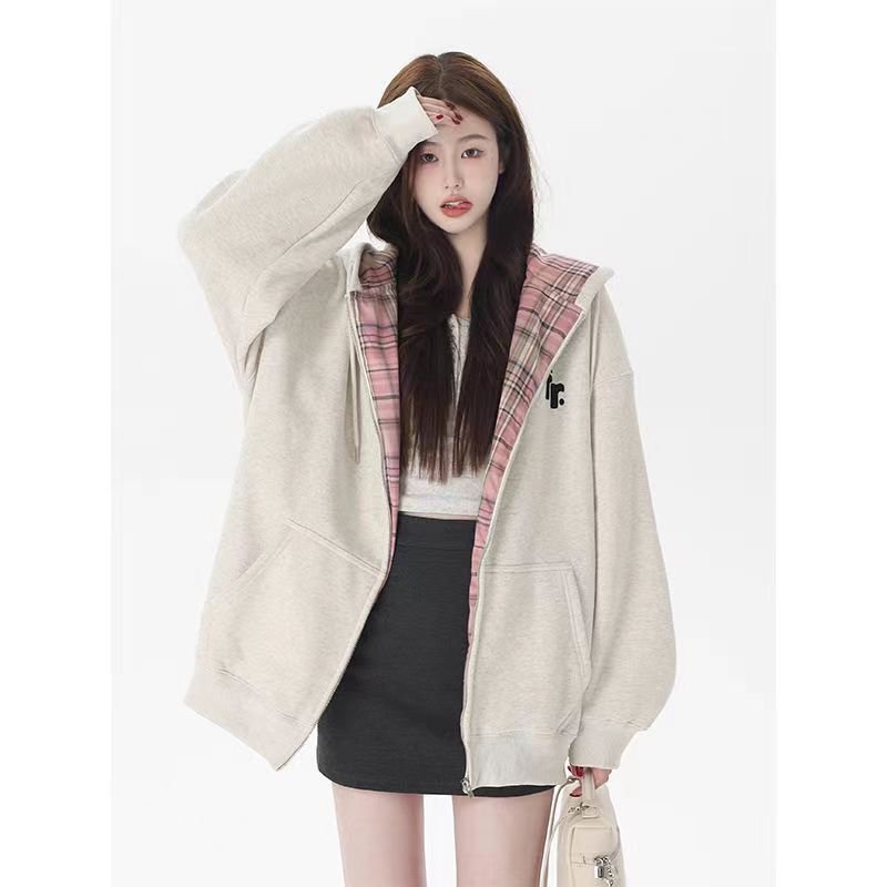 Patchwork Lining Checked Cloth Hooded Sweater Women's Long-sleeved Coat - Image 2