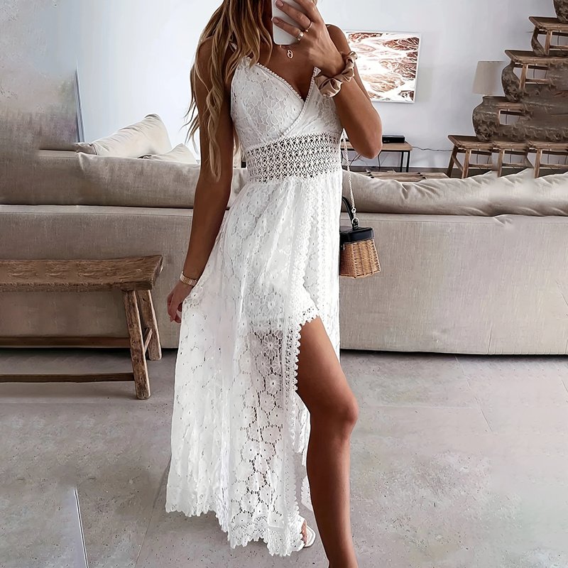 Women's Summer Elegant Lace Jumpsuit - V-Neck Sleeveless Romper With Intricate Detailing - Image 2