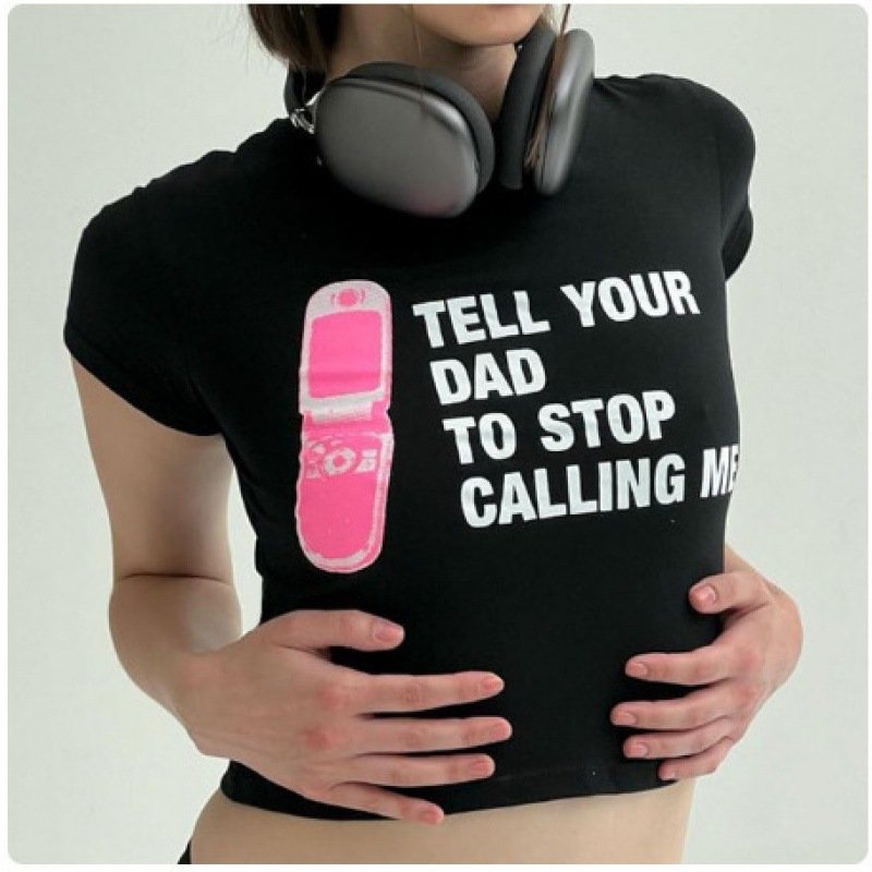 Slim Fit Printed Letter Retro Gothic Round Neck Short Sleeve T-shirt Top - Image 4