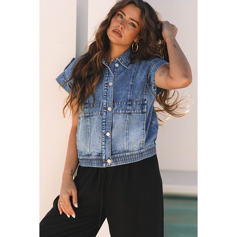Denim Women's Single-breasted Lapel Short Sleeve Vest Coat - Image 4