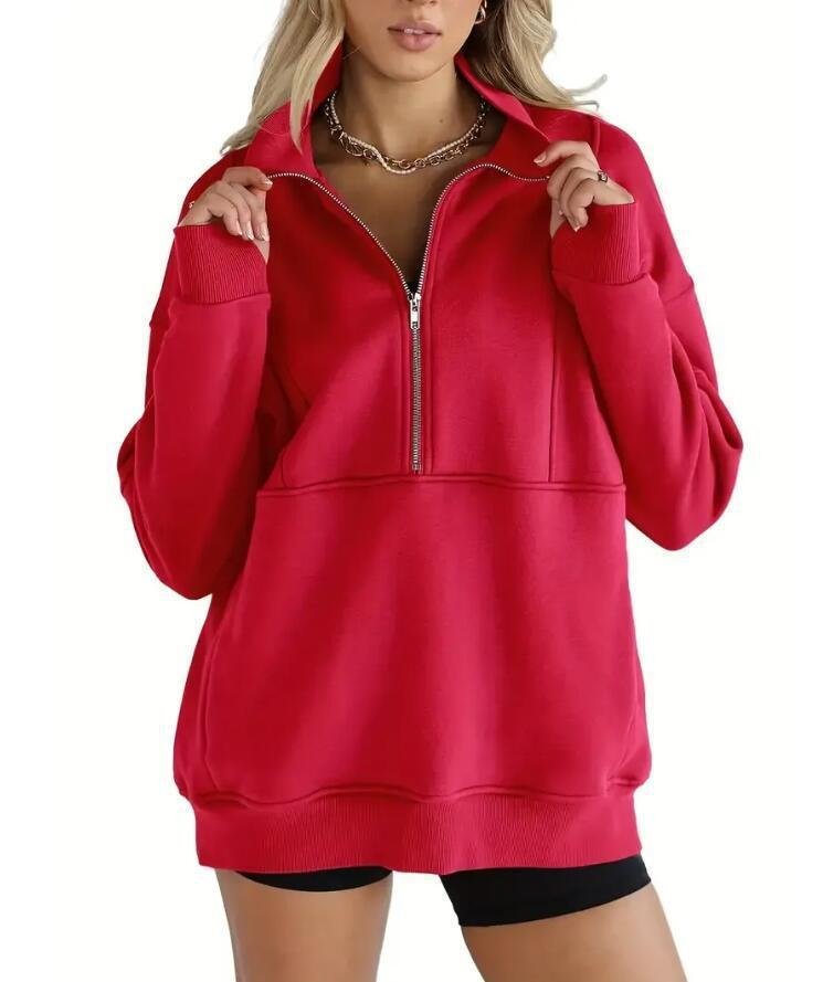 Zipper Patchwork Pocket Brushed Hoody Women's Loose - Image 9