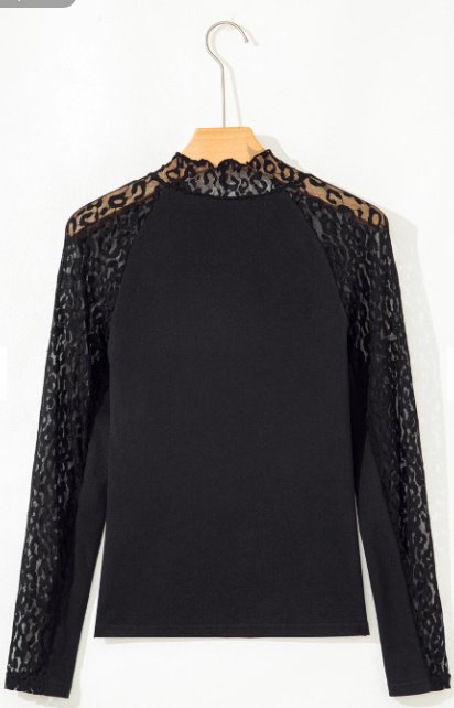 Black Leopard Print Mesh Stitching Knitted Long-sleeved Top - Image 4