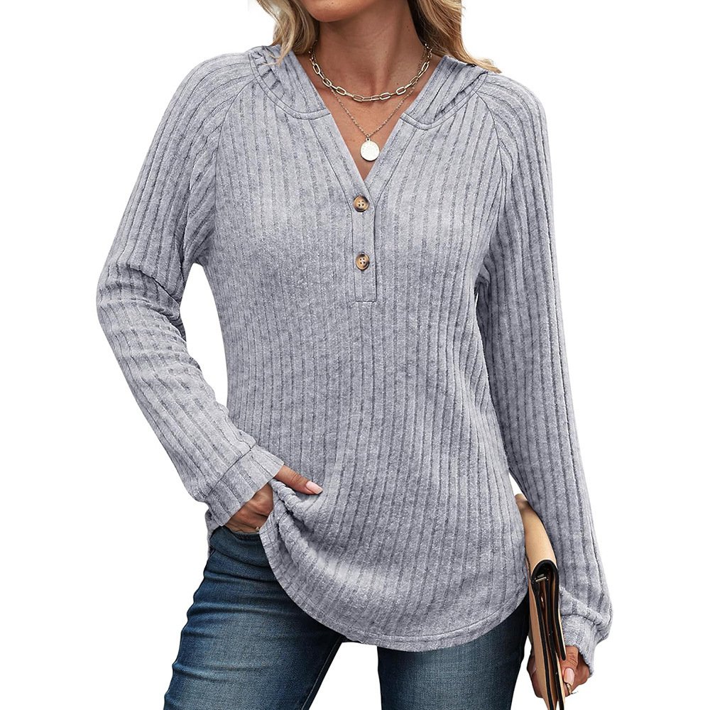 Solid Color And V-neck Button Loose Hooded Fleece Knitted Top - Image 3
