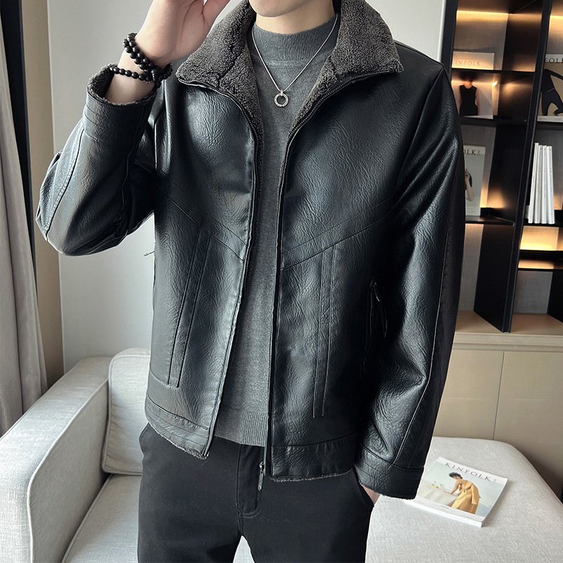 Hong Kong Style Velvet Padded Plus Size Men's Leather Jackets - Image 2