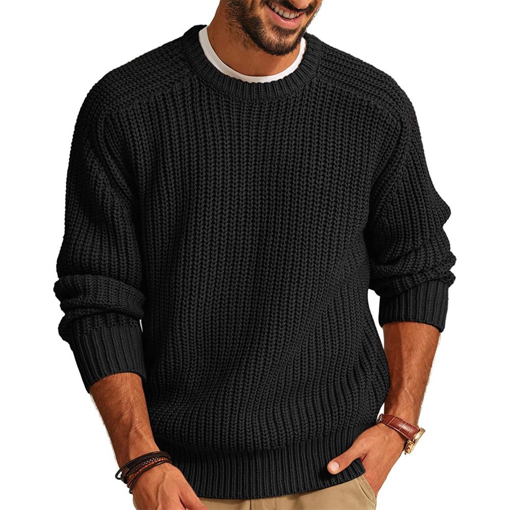 Men's Solid Color Long Sleeve Round Neck Fashion Sweater Loose Retro Sweater - Image 3