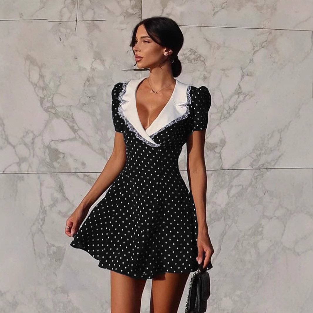 Hepburn Style Elegant Lace V-collar Polka Dot Dress