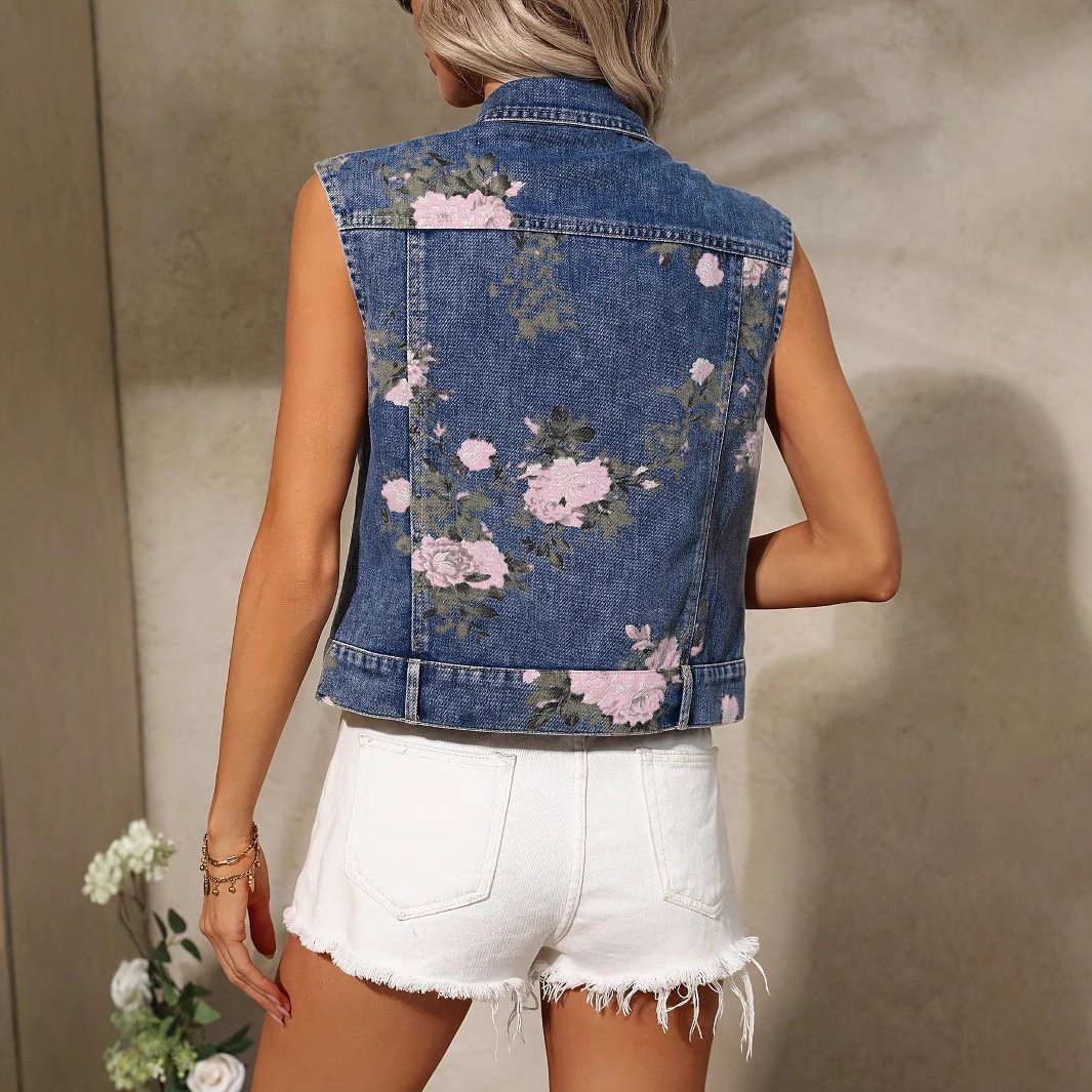 Women's Flower Print Denim Vest Summer Casual - Image 2