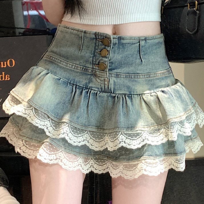 Pure Hot Girl Style Double-layer Lace Ruffled Denim Skirt Women