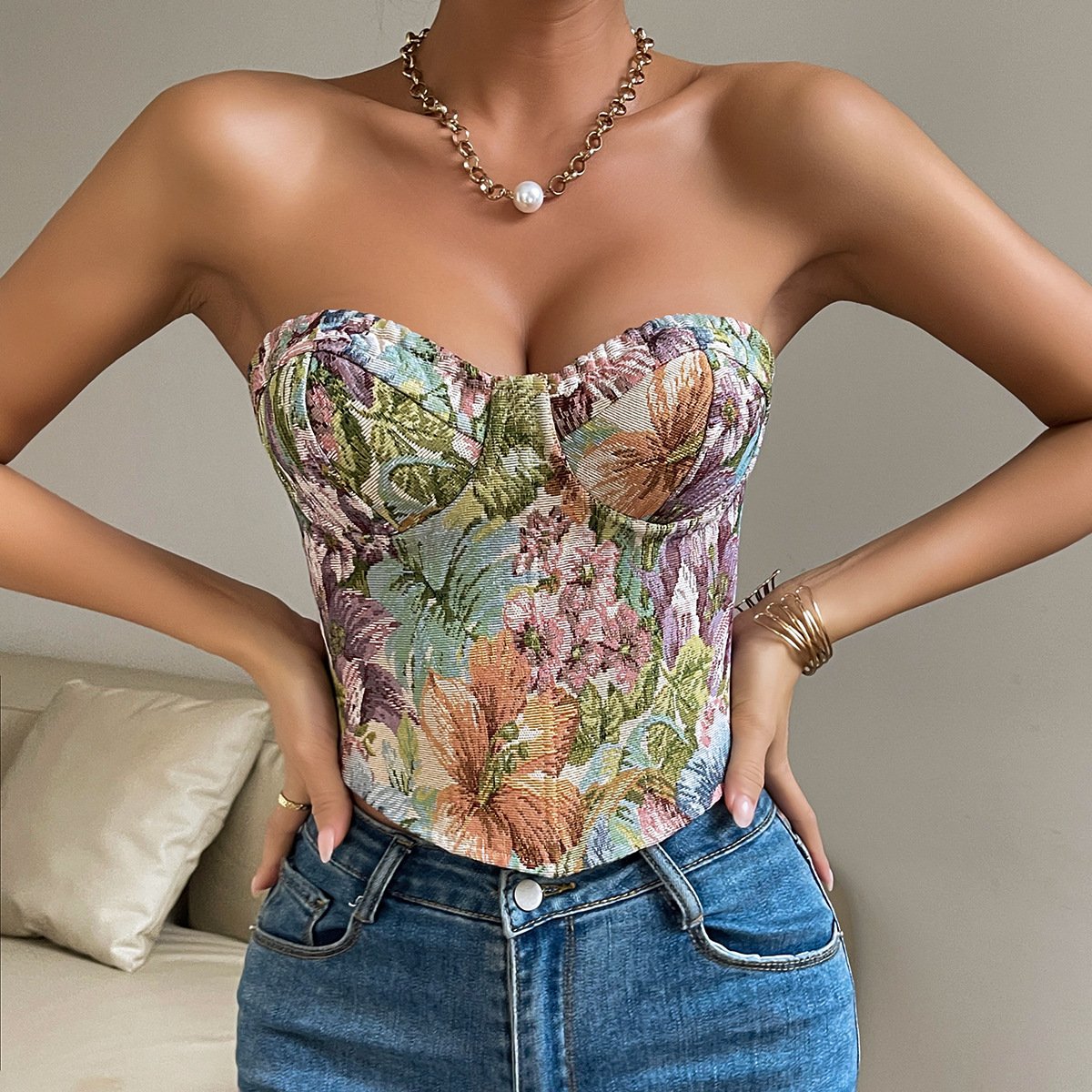 Retro Flower Niche Sling French Court Waist Girdling Band Adjustable Tube Top - Image 6