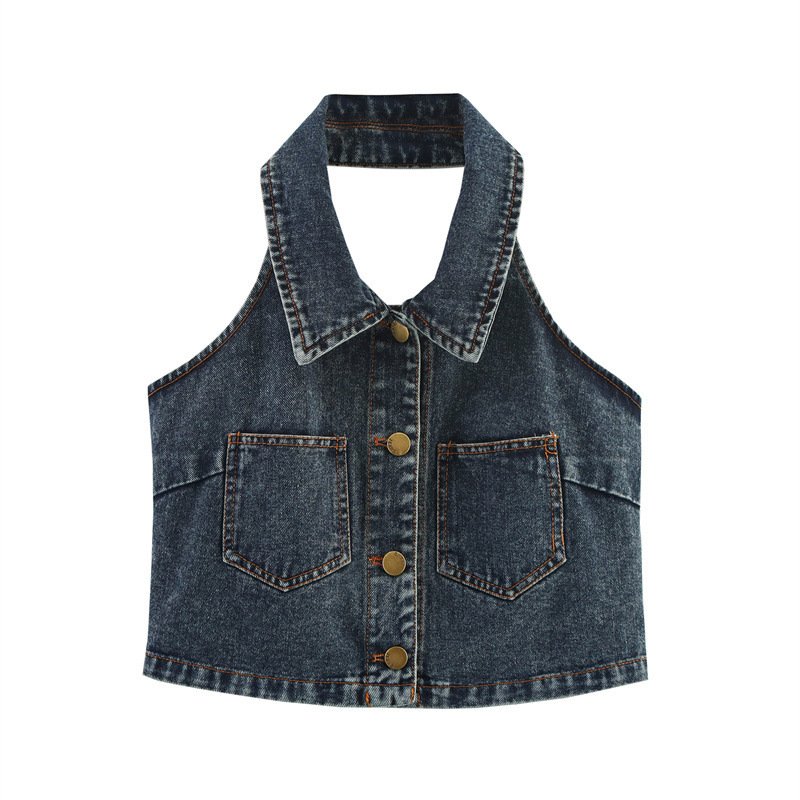 Sexy Big Backless Lapel Halter Denim Camisole - Image 5