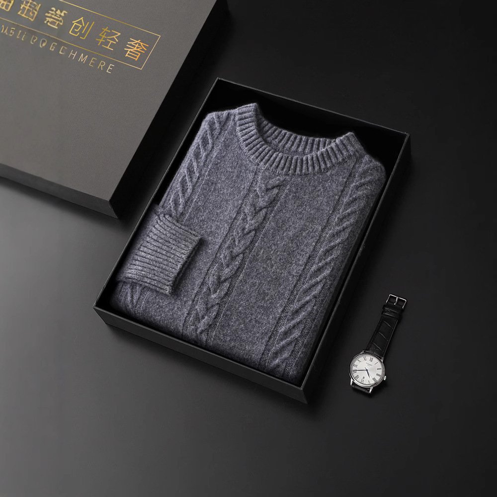 100 Pure Wool Sweater Men's Round Neck Thickened Warm Long Sleeves Sweater - Image 2