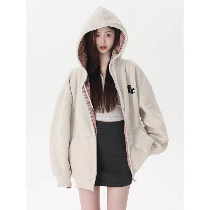 Patchwork Lining Checked Cloth Hooded Sweater Women's Long-sleeved Coat - Image 6