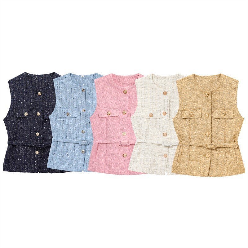 Women's Fashion Casual Sleeveless With Belt Texture Vest - Image 3